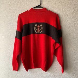 St John Red Stripe Horseshoe Embroidered Mock Neck